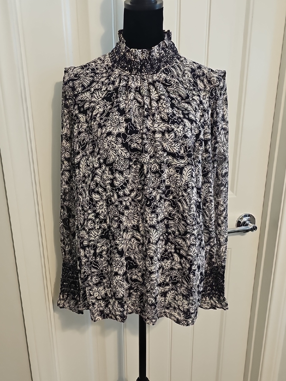 Ann Taylor Smocked High-Neck Floral Blouse - Navy and White